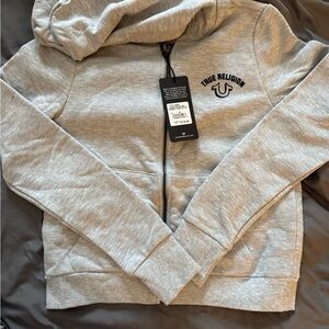 True Religion Kids Light Gray Zip-Up Hoodie and joggers
